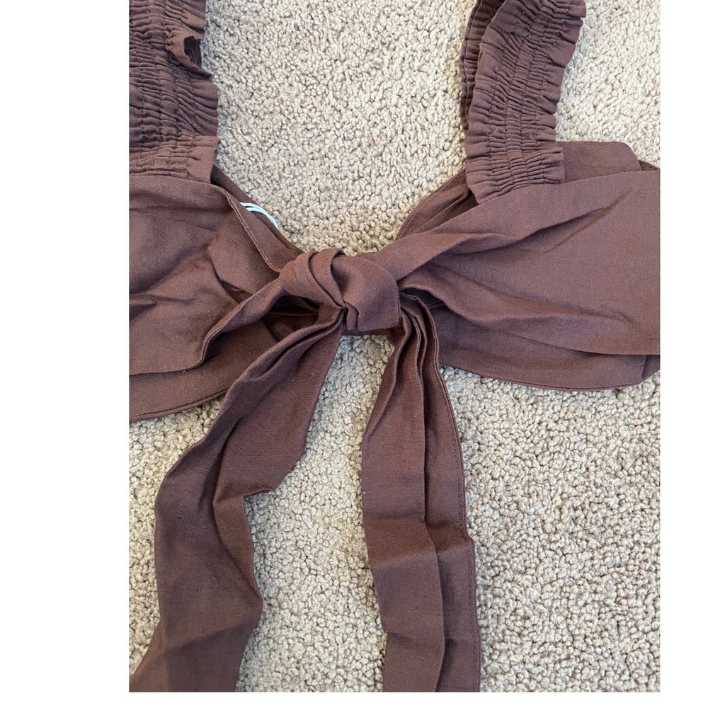 Charlie Holiday Diana Chocolate Brown Linen Blend Smocked Bow Crop Top S (4) NEW - Picture 7 of 10